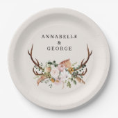 Boho Wedding Rustic Antler Floral Wedding Monogram ペーパープレート (正面)