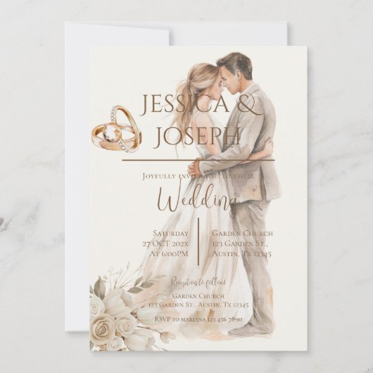 Boho wedding with ring and bride groom Silhouette 招待状 (正面)