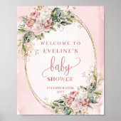 Boho Welcome Blush Pink Flowers Baby Shower Sign ポスター (正面)