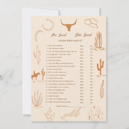 Boho Western誰が言ったブライダルシャワーゲームカード 案内状 (正面)