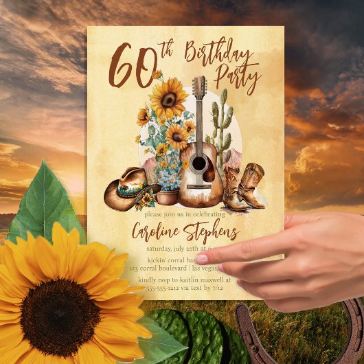 Boho Western Guitar Sunflowers 60th Birthday Party 招待状