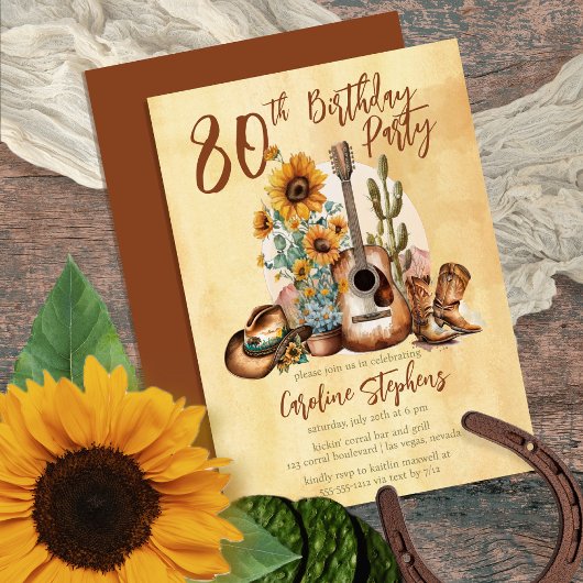 Boho Western Guitar Sunflowers 80th Birthday Party 招待状