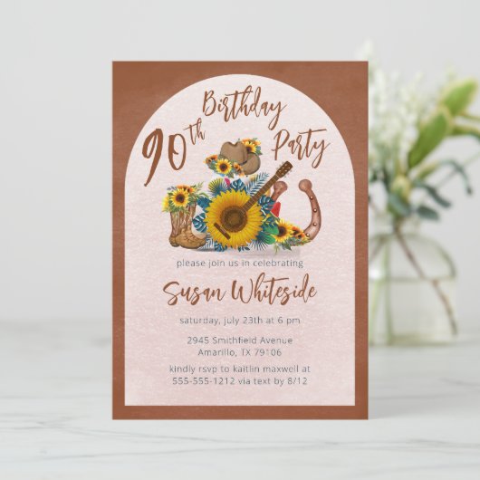 Boho Western Guitar Sunflowers 90th Birthday Party 招待状 (スタンド正面)