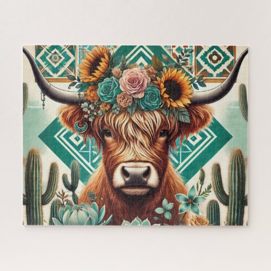 Boho Western Highland Cow ジグソーパズル (横)