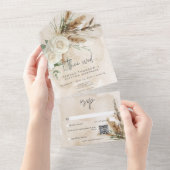 Boho White 素朴 Roses & PampasのQRコ結婚ード オールインワン招待状 (貼ってはがせる)
