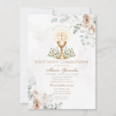 Boho White Floral Eucharist First Holy Communion 招待状 (正面)