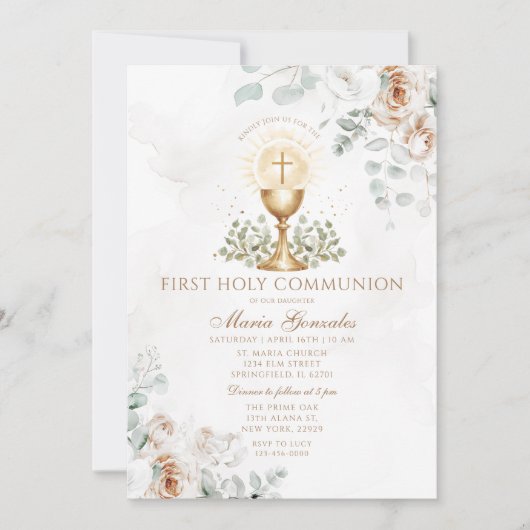 Boho White Floral Eucharist First Holy Communion 招待状 (正面)