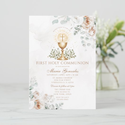 Boho White Floral Eucharist First Holy Communion 招待状 (スタンド正面)