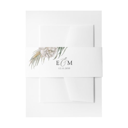 Boho White Floral & Palm Wedding 招待状ベリーバンド (正面例)