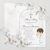 Boho White Floral Silver Cross Boy Praying Baptism 招待状 (正面/裏面)