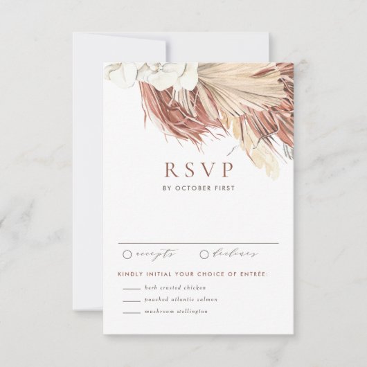 Boho White Orchids and Dried Palm Leaves Wedding 出欠カード (正面)