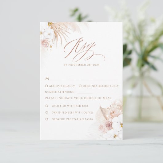 Boho White Orchids Pampas Grass Wedding 出欠カード (スタンド正面)