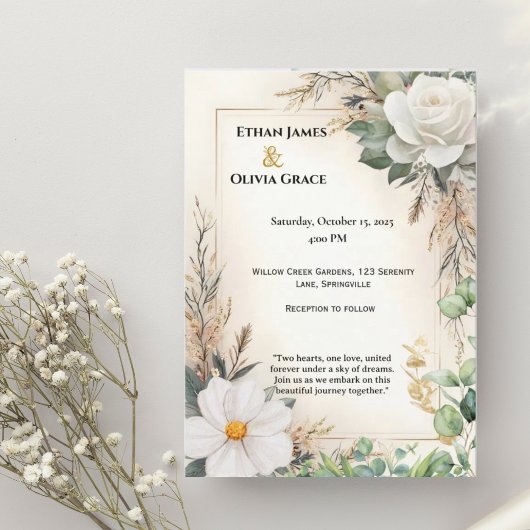Boho White Rose Eucalyptus Gold Invite 招待状