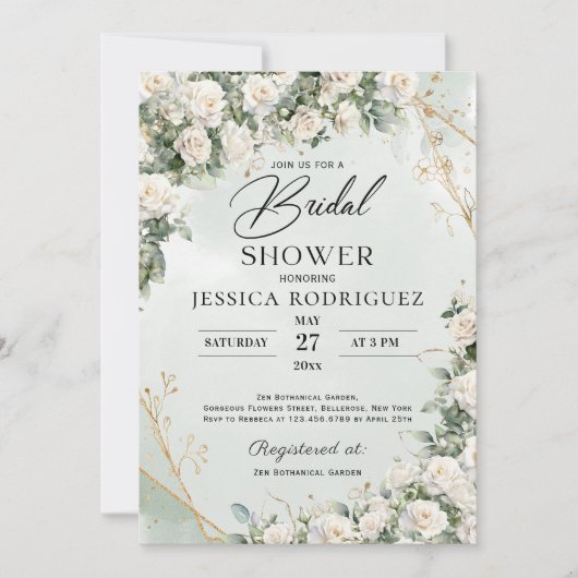 Boho White Roses Greenery Bridal Shower Invitation 招待状 (正面)