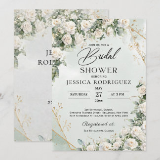 Boho White Roses Greenery Bridal Shower Invitation 招待状
