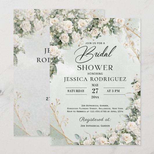 Boho White Roses Greenery Bridal Shower Invitation 招待状 (正面/裏面)