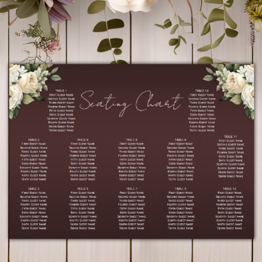 Boho White Roses on Burgundy'結婚's Seat Chart ポスター