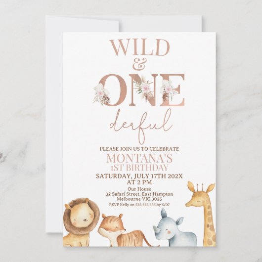 Boho WildとOnederful Safariの誕生日 招待状 (正面)