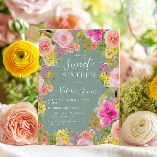 Boho wild flowers Eucalyptus watercolor Sweet 16  招待状