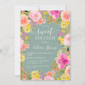 Boho wild flowers Eucalyptus watercolor Sweet 16  招待状 (正面)