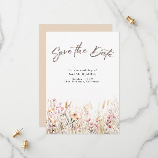 Boho Wild Flowers Save the Date Card | Minimalist セーブザデート (正面/裏面インサイチュ)