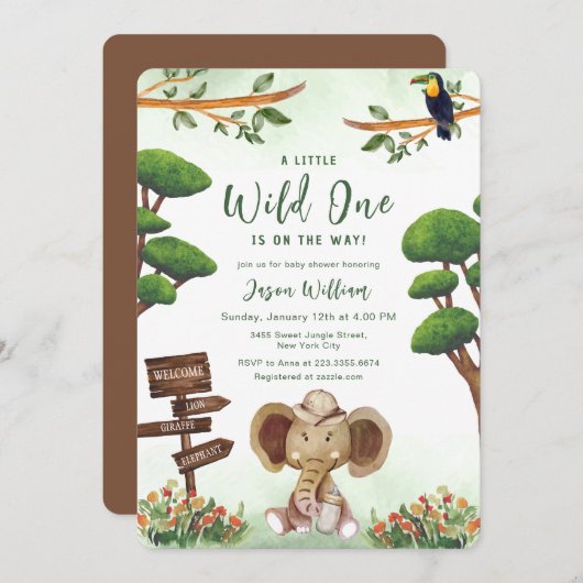 Boho Wild One Safari Elephant Boy Baby Shower  招待状 (正面/裏面)