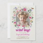 Boho Wild One Wildflower 1st Birthday写真 招待状 (正面)