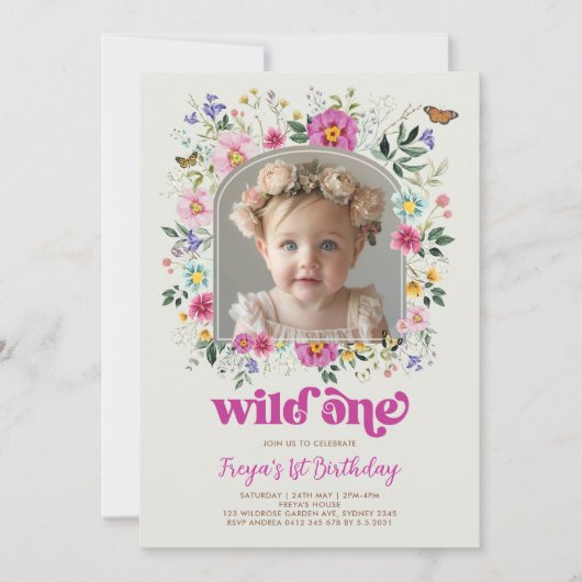 Boho Wild One Wildflower 1st Birthday写真 招待状 (正面)