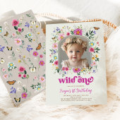 Boho Wild One Wildflower 1st Birthday写真 招待状