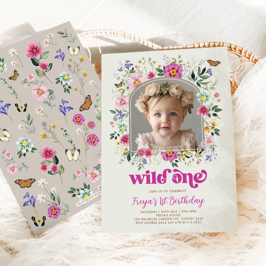Boho Wild One Wildflower 1st Birthday写真 招待状