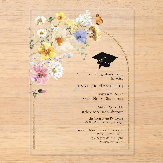 Boho Wildflowerカラフル卒業パーティーの写真 アクリル招待状 (正面)