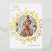 Boho Wildflowerモダンリース写真金ゴールド&ホワイト 箔シーズンカード (正面)