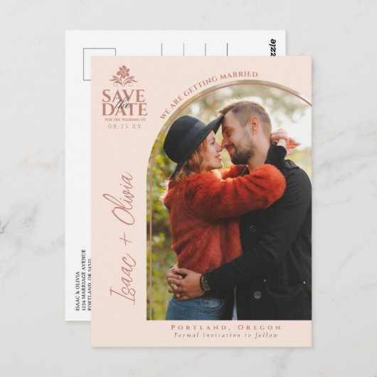 Boho Wildflowerモダン Arch Photo Save The Date ポストカード (正面/裏面)