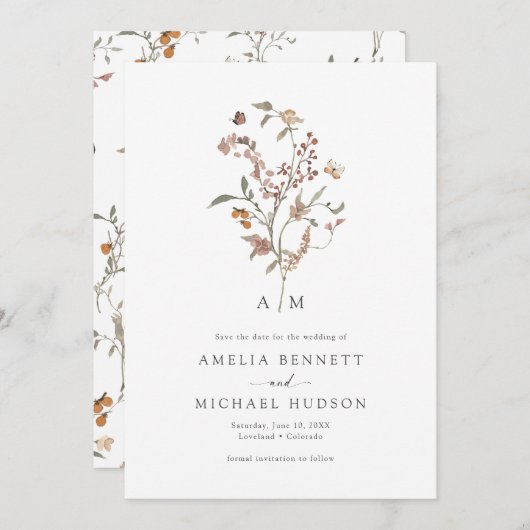 Boho Wildflower日付を保存 セーブザデート (正面/裏面)