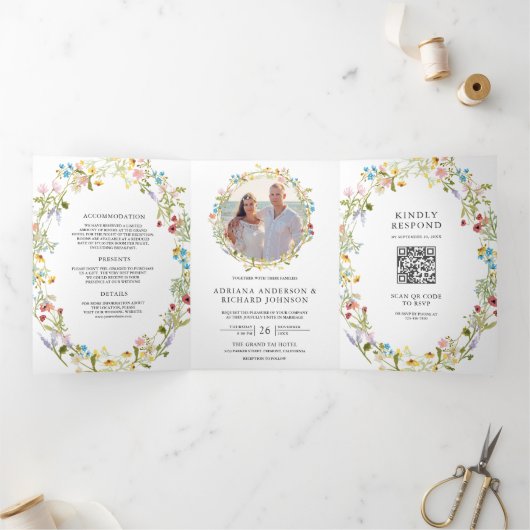 Boho Wildflower素朴写真QRコード結婚s 三つ折り招待状 (内部)