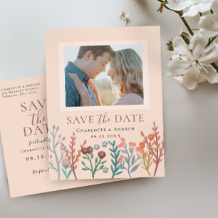 Boho Wildflower素朴結婚式の日付写真を保存 ポストカード