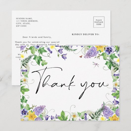 Boho Wildflower結婚's Thank You ポストカード (正面/裏面)