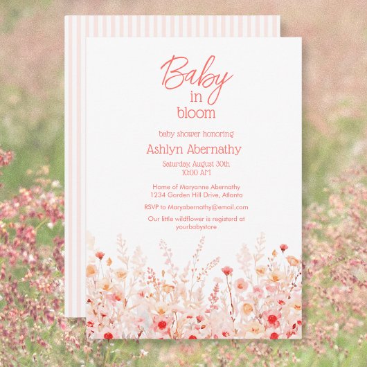 Boho Wildflower Baby in Bloom Pink Baby Shower 招待状