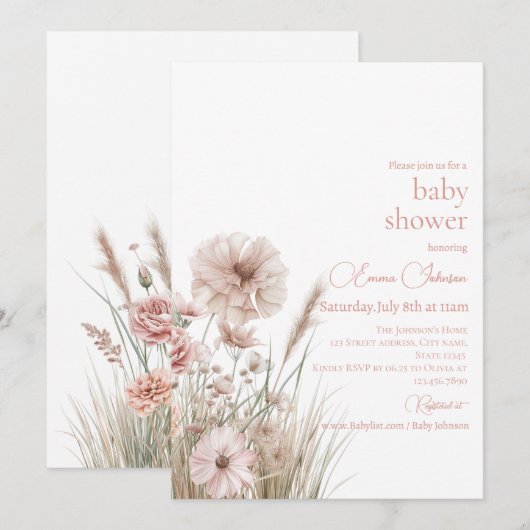 Boho Wildflower Baby Shower Invitation 招待状 (正面/裏面)