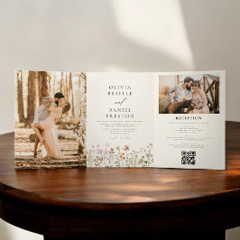 Boho Wildflower BeigeオールインワンQRコード結婚ズ 三つ折り招待状