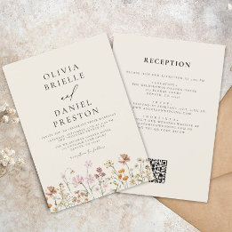 Boho Wildflower BeigeオールインワンQRコード結婚ズ 招待状