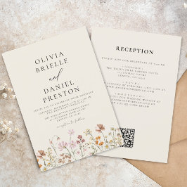 Boho Wildflower BeigeオールインワンQRコード結婚ズ 招待状