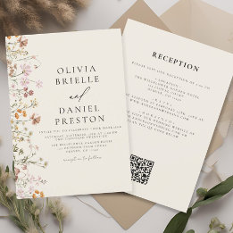 Boho Wildflower BeigeオールインワンQRコード結婚ズ 招待状
