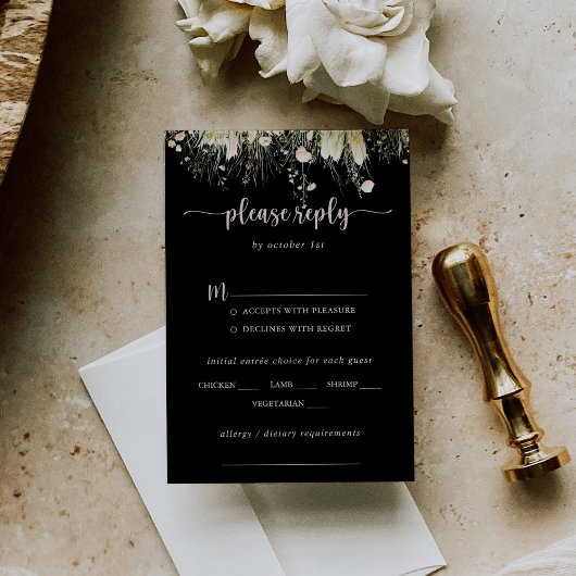 Boho Wildflower Blackのメ結婚ニュー選択RSVP 出欠カード