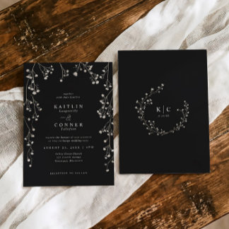 Boho Wildflower Black White Baby's Breath Wedding 招待状