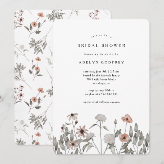 Boho Wildflower Bridal Shower 招待状 (正面/裏面)