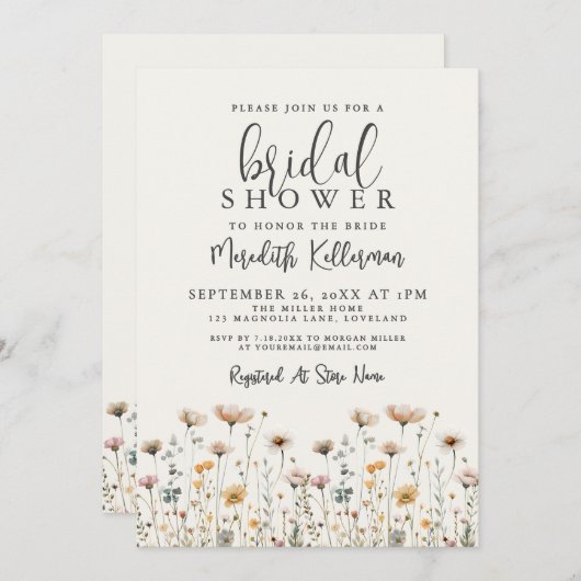 Boho Wildflower Bridal Shower 招待状 (正面/裏面)