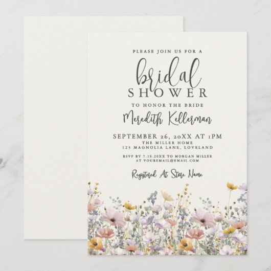 Boho Wildflower Bridal Shower 招待状 (正面/裏面)