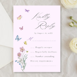 Boho Wildflower Butterfly's Purple RSVP結婚カード 出欠カード