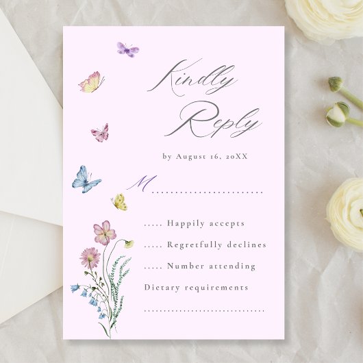Boho Wildflower Butterfly's Purple RSVP結婚カード 出欠カード
